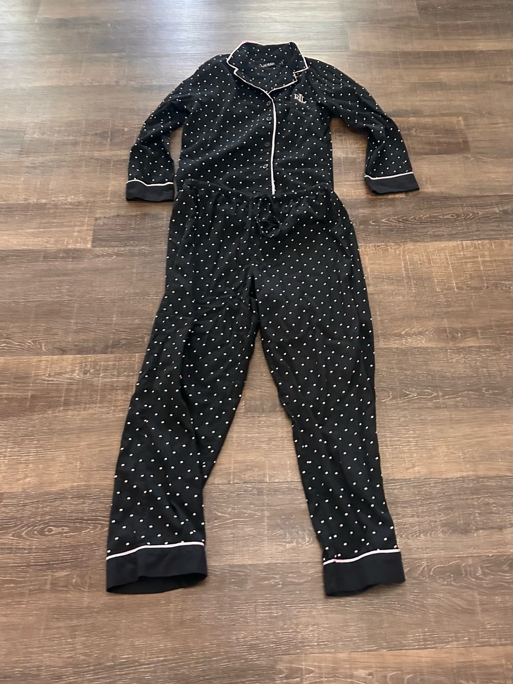 Lauren Ralph Lauren Two Piece Classic Black With Pink Polka Dots Pajamas Size L